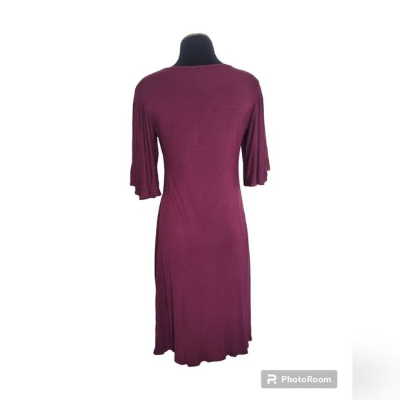 2Hearts Jersey Knit Dress Bell Sleeves Full Skirt Purple Midi Soft Casual Medium - Picture 3 of 10